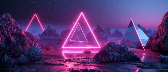 Foto auf Alu-Dibond 3D rendering, abstract neon background, mystical cosmic landscape, pink blue glowing triangle, triangular frame, terrain, virtual reality, dark space, ultraviolet light, crystal mountains, rocks, © Mark