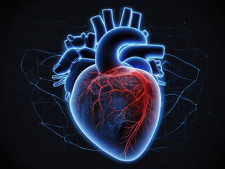 Human heart anatomy on blue background. 3D illustration of human heart