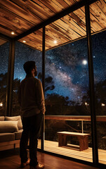 a man looks at the stars in the night sky through floor-to-ceiling stainless-steel Windows. AI generative