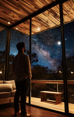 a man looks at the stars in the night sky through floor-to-ceiling stainless-steel Windows. AI generative