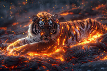 Generate an image of an abstract, fierce tiger lounging on a bed of glowing lava beneath a star-studded sky, its stripes blending seamlessly with the swirling patterns of molten rock - obrazy, fototapety, plakaty