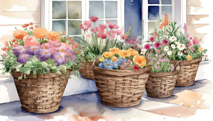 Fototapeta na wymiar Baskets of colorful flowers on patio watercolor