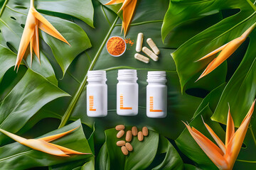 Natural Supplements and Tropical Leaves Wellness Setup