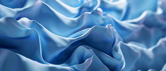 Render in 3D, abstract modern blue background, folded ribbons macro, wavy layers and ruffles in fashion wallpaper. - obrazy, fototapety, plakaty