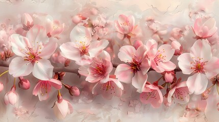A bunch of pink cherry blossoms fills the frame. The delicate flowers have soft white centers and are in full bloom. The background is blurred, creating a dreamy effect.