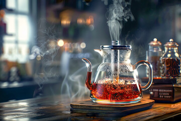 Steaming Tea Pot on Wooden Table in Cozy Cafe