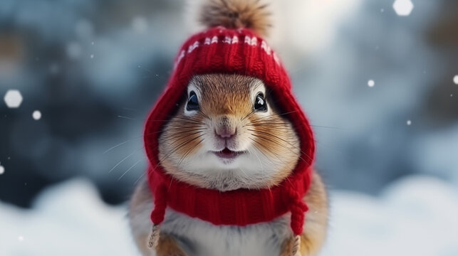 Adorable Chipmunk in Winter Gear: Funny Animal Wearing Christmas Hat and Sweater in Snowy Scene