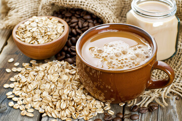 Oat Milk Coffee in Ceramic Cup with Oats and Beans