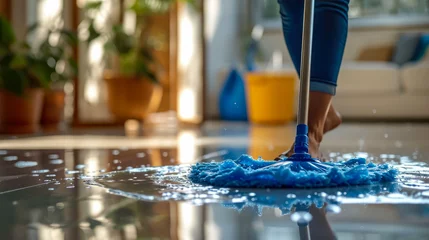 Foto op Plexiglas A mop-wielding cleaner conquers hard floors, banishing dirt and leaving behind a gleaming, well-polished surface © Dmitriy