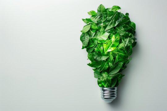 Eco friendly lightbulb from fresh leaves top view, concept of Renewable Energy and Sustainable Living.