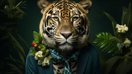 Visualize a sleek jaguar in a tailored velvet blazer, adorned with a platinum chain necklace and emerald cufflinks. Set against a backdrop of lush foliage, it exudes jungle refinement. The vibe: exoti