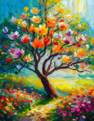 Tree with colorful flowers, Printable digital oil painting, impasto. Modern art on digital art concept.