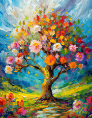 Obraz na płótnie Canvas Tree with colorful flowers, Printable digital oil painting, impasto. Modern art on digital art concept.