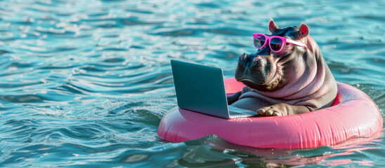 Cute hippo in sunglasses with laptop in the water. Freelance concept.