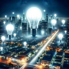 light bulb on the background of the city