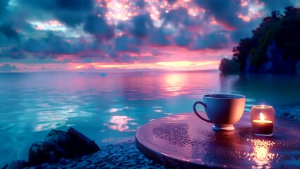 coffee with beach view at sunset during summer vacation. seamless looping 4k time-lapse video background
