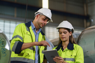 Two worker people wearing safety gear and holding a tablet to check product quality.
