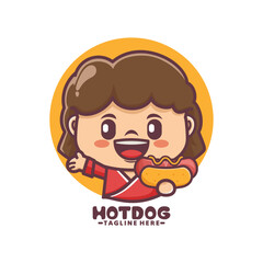female chef cartoon mascot with hotdog