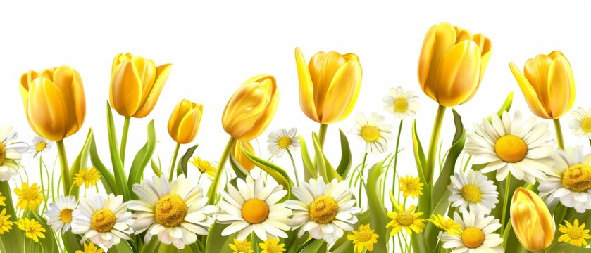 Yellow tulips and daisies. Modern background of fresh spring flowers