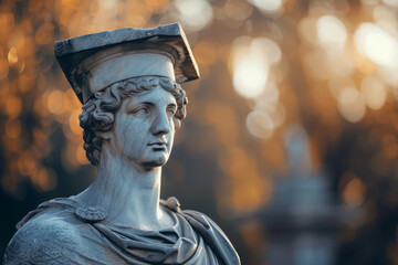 Sculpture of Apollo in academic cap against nature with copy space.
