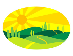 Nature sun icon. Colorful summer landscape isolated for template emblem. Ecological or nature symbol on white. Sunny summer illustration