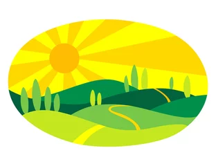 Gordijnen Nature sun icon. Colorful summer landscape isolated for template emblem. Ecological or nature symbol on white. Sunny summer illustration © designer_things