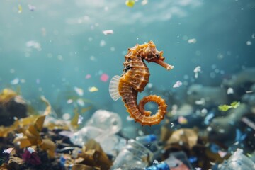 Fototapeta na wymiar Seahorse in the ocean amidst trash and confetti. Concept of pollution of seas and oceans.