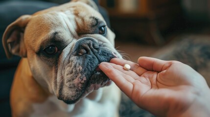 Photo a caring woman demonstrates a responsible attitude towards a pet by giving medicines to her English bulldog companion from her hand