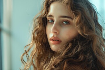 Naklejka premium Beautiful model with long shiny wavy brunette hair.