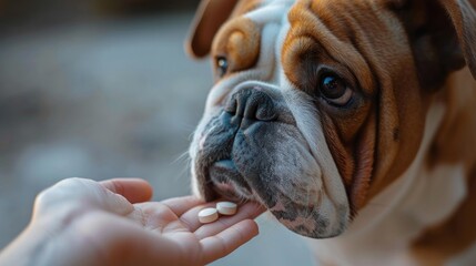 Photo a loving pet owner takes care of her English bulldog, giving him the necessary medicines for his health