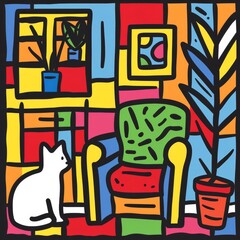 Simple illustration of colorful room with cat, AI generated