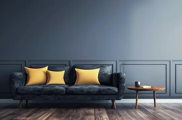 Minimalist Living Room with Black Sofa and Yellow Accents