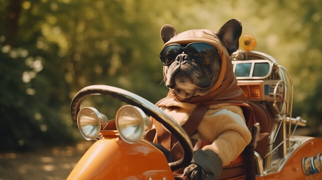 Close-Up of Humorous French Bulldog Wearing Goggles in Pedal Car