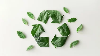 Poster Green recycling symbol made out of leaves and elements of nature on white background. Banner with copy space. Concept of ecological waste management and recycling. © ryanbagoez