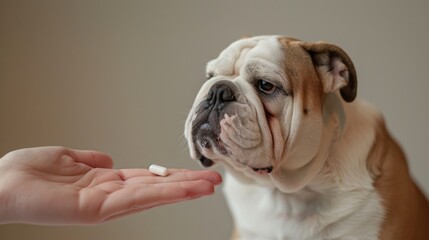 Photo a caring woman, showing compassion and devotion, offers medicines to her English bulldog from her hand, emphasizing the importance of the pet's health