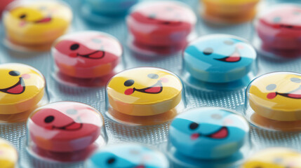 pill tab packaging, the pills are colored smiley face circle pills - obrazy, fototapety, plakaty