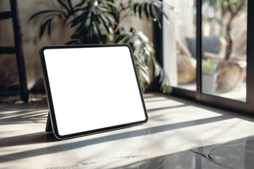Mobile computer screen mockup on marble background behind window with natural sunlight casting shadows. Tablet computer with blank screen on marble background for business infographic design app