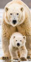 Urso polar mãe e filhote em uma placa de gelo no Ártico