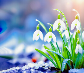 Beautiful first flowers-snowdrops in the spring forest, symbolize the arrival of spring...