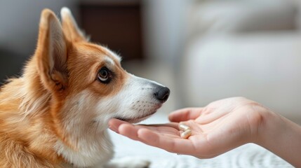 Photo a responsible owner gives medicine to his dog Welsh corgi pembroke, taking care of his health