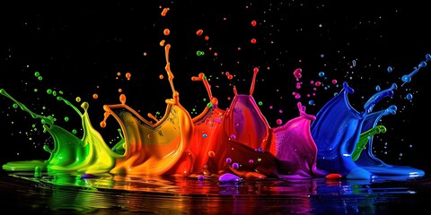 A splash of rainbow-colored liquid on a black background