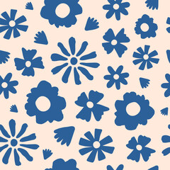 Seamless pattern with blue groovy daisy flowers on a beige background. Vector illustration	