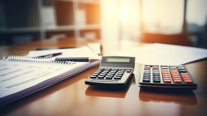 loan mortgage concept. A close-up shot of a calculator and a pen  on a stack of financial documents, illuminated by warm sunlight on an office desk.