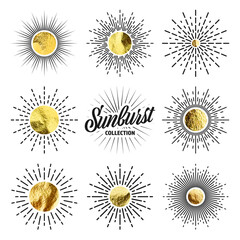 Vintage sunburst, sunset beams. Gold foil, shiny handmade circles. Golden glittering texture, pattern. Hand drawn bursting sun, light rays. Logotype or lettering, retro style. Vector illustration