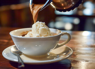 Pouring Espresso over Ice Cream in Coffee Cup