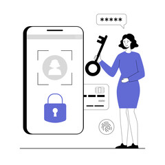 Personal data protection by biometric control. Facial recognition system by smart mobile phone to unlock and checking personal data. Vector illustration with line people for web design.
