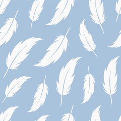 Feathers vector seamless pattern. White quills flying on blue background.