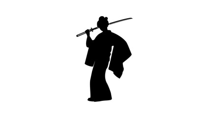 geisha with sword, black  isolated silhouette
