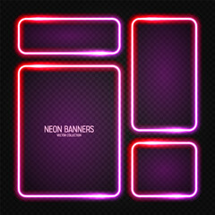 Glowing neon banners, illuminated colorful square frames. Shiny vibrant border, glow effect. Red vintage retro lights, night illumination. Modern futuristic UI design elements. Vector illustration