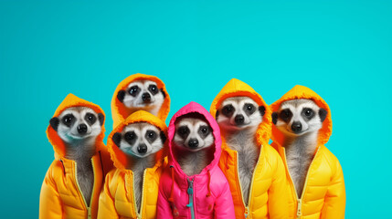 Stylish Meerkat Group in Bright Outfits Isolated on Solid Background - Perfect for Advertisements and Birthday Party Invitations
